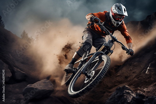 Adventurous Mountain Biking: An exhilarating action shot of a mountain biker navigating rugged trails and conquering challenging terrains, showcasing adrenaline-pumping adventure and appealing to outd