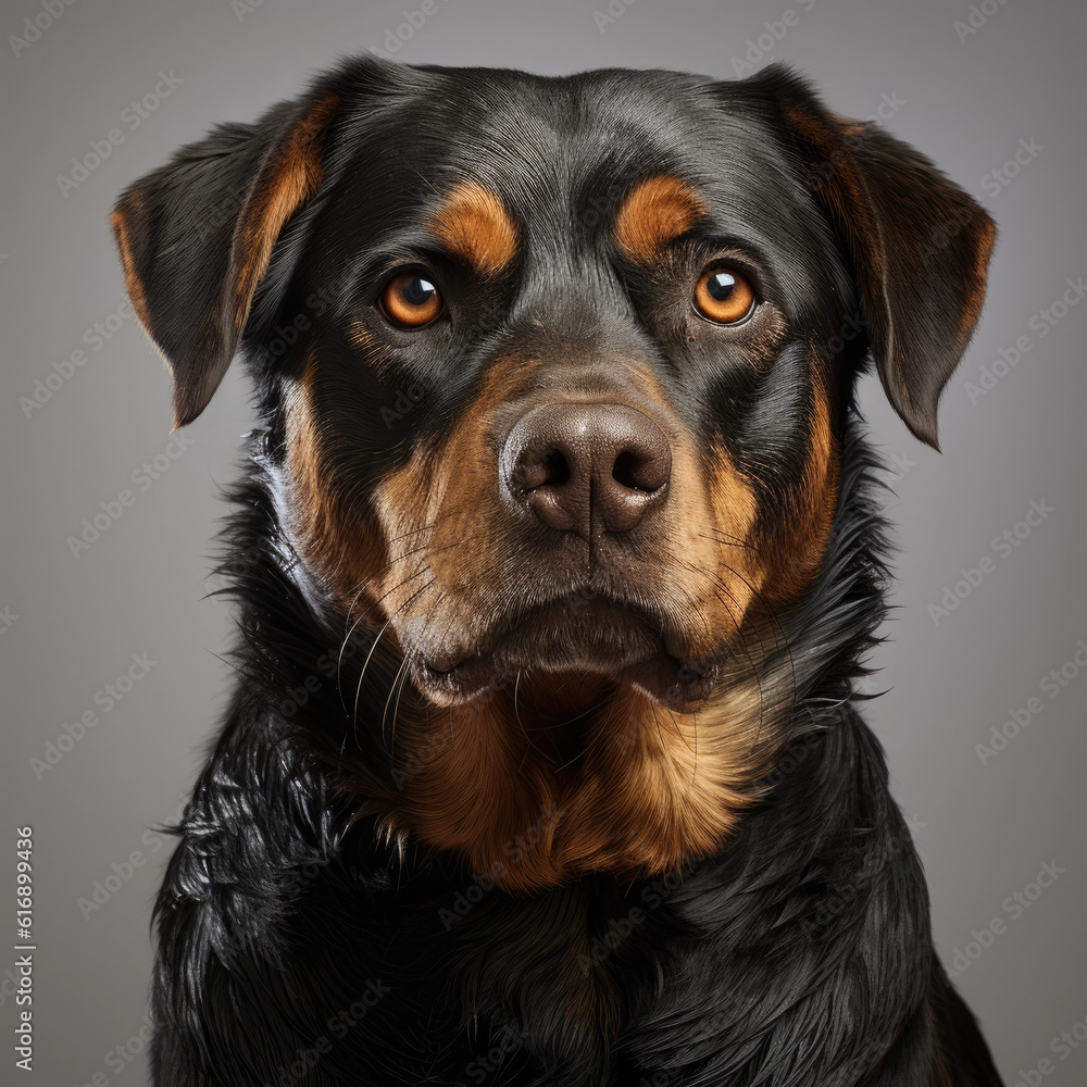 A Rottweiler (Canis lupus familiaris) with intriguing dichromatic eyes. A Rottweiler (Canis lupus familiaris) with intriguing dichromatic eyes.