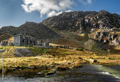 Ruins of an office building in an abandoned Welsh slate quarry