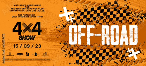 Off-road orange banner with grunge wheel tread marks and flag in grunge style. Off-road, rally, racing grunge banner with tire print and racing flag. Automotive 4x4 Banner, poster, event. Vector
