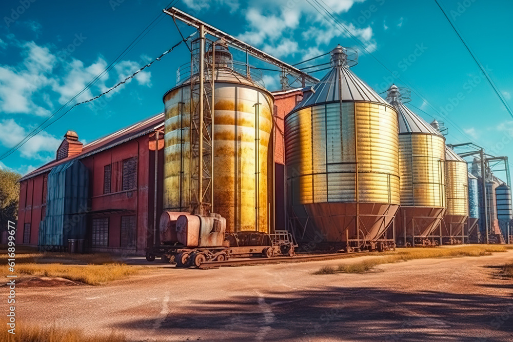 Fototapeta premium Agricultural tanks for storage and drying of grain, wheat. Generative AI