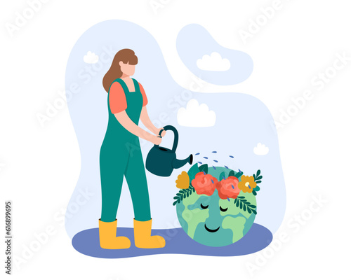 People help planet Earth. Female holding watering can and watering planet. Protecting planet, global warming concept. Vector flat illustration, cartoon style, blue and green colors