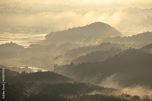 霧が出ている山間の春の水田風景