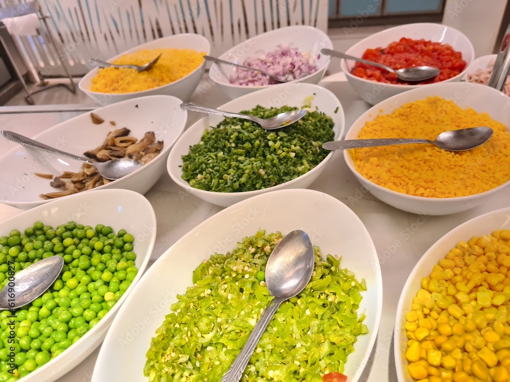 Mix of products for making omelette in hotel or cafe Mix of products for making omelette in hotel or cafe
