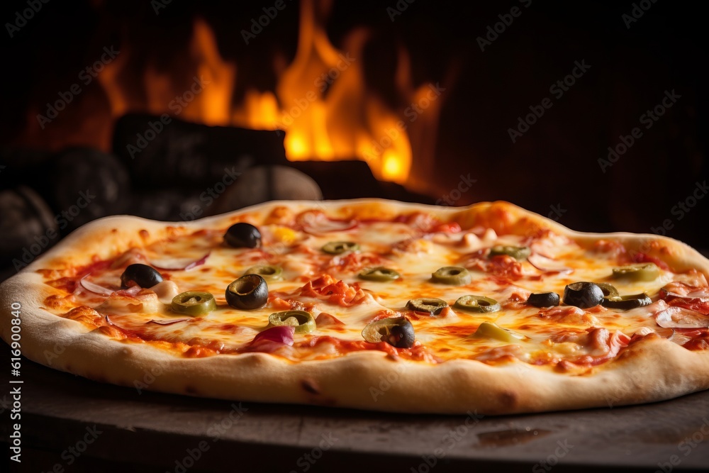 Fresh baked pizza closeup, traditional wood fired oven.