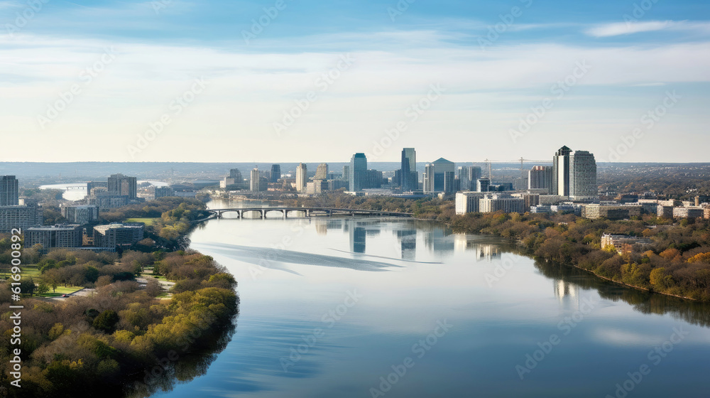 Panoramic view of city skyline with river in the foreground