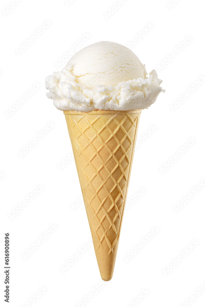 Vanilla ice cream scoops served on a waffle cone isolated. Transparent PNG image. Vanilla ice cream scoops served on a waffle cone isolated. Transparent PNG image.