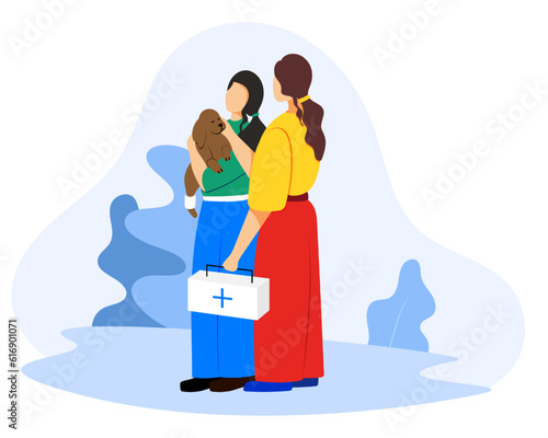 Human care about homeless animals. Veterinarians standing outside, holding vet box with medicine and helping dog. Volunteer adopted puppy. Vector flat illustration in blue and green colors