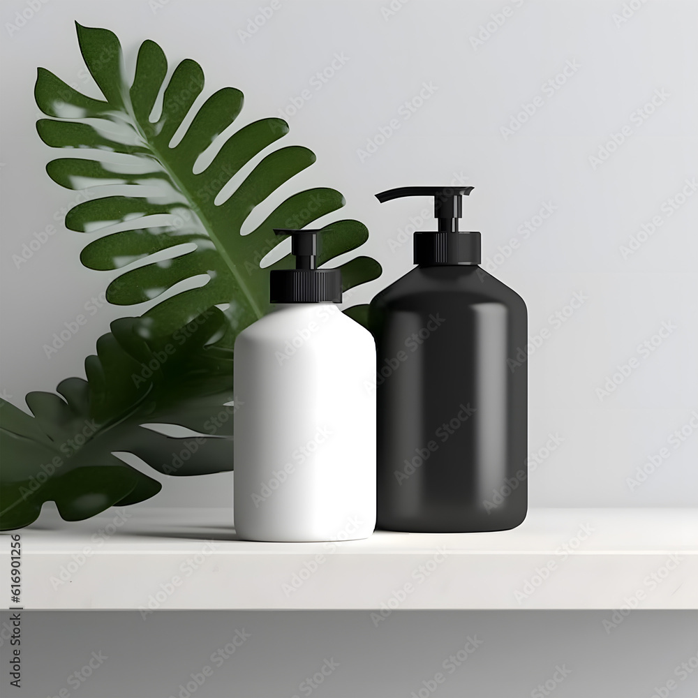 black and white containers on a shelf with a monsterrat plant sitting beside it black and white containers on a shelf with a monsterrat plant sitting beside it