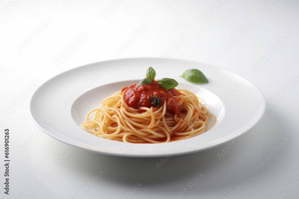 Delicious Plate of Spaghetti with Tomato Sauce and Basil Leaf on White Background. Delicious Plate of Spaghetti with Tomato Sauce and Basil Leaf on White Background.