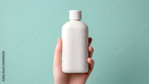 hand holding a blank shampooing bottle on a green surface