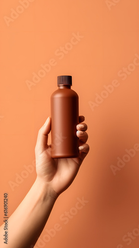 hand holding a brown bottle of cosmetic against brown background