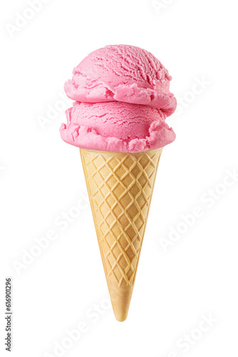 Pink ice cream scoops served on a waffle cone isolated. Transparent PNG image.