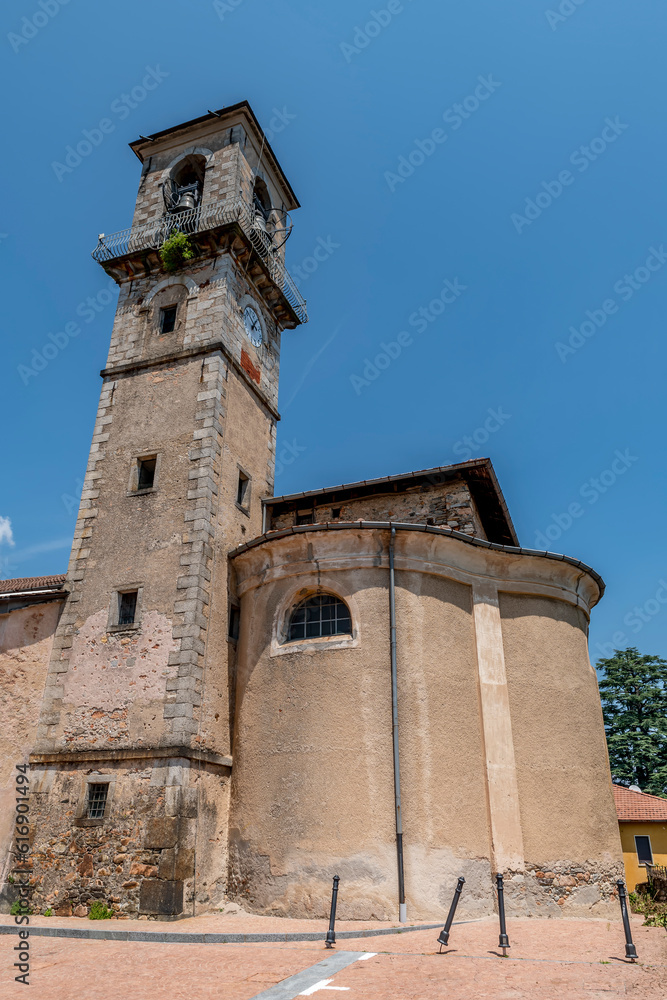 The bell tower of the parish church of Sant'Ambrogio, Cuasso al Monte, Varese, Italy
