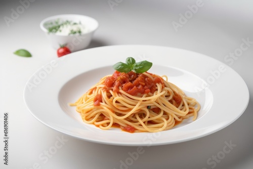 Delicious Plate of Spaghetti with Tomato Sauce and Basil Leaf on White Background. 