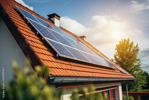 Close-up of solar panels on the roof of a house, Generative AI
