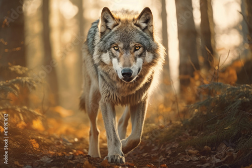 Wolf walking in an autumn forest  Generative AI