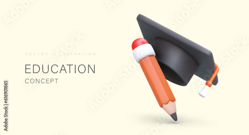 Time to study. Educational vector concept. 3D pencil, academic cap. Graduated specialists, certified education. Template on light background, free part for text