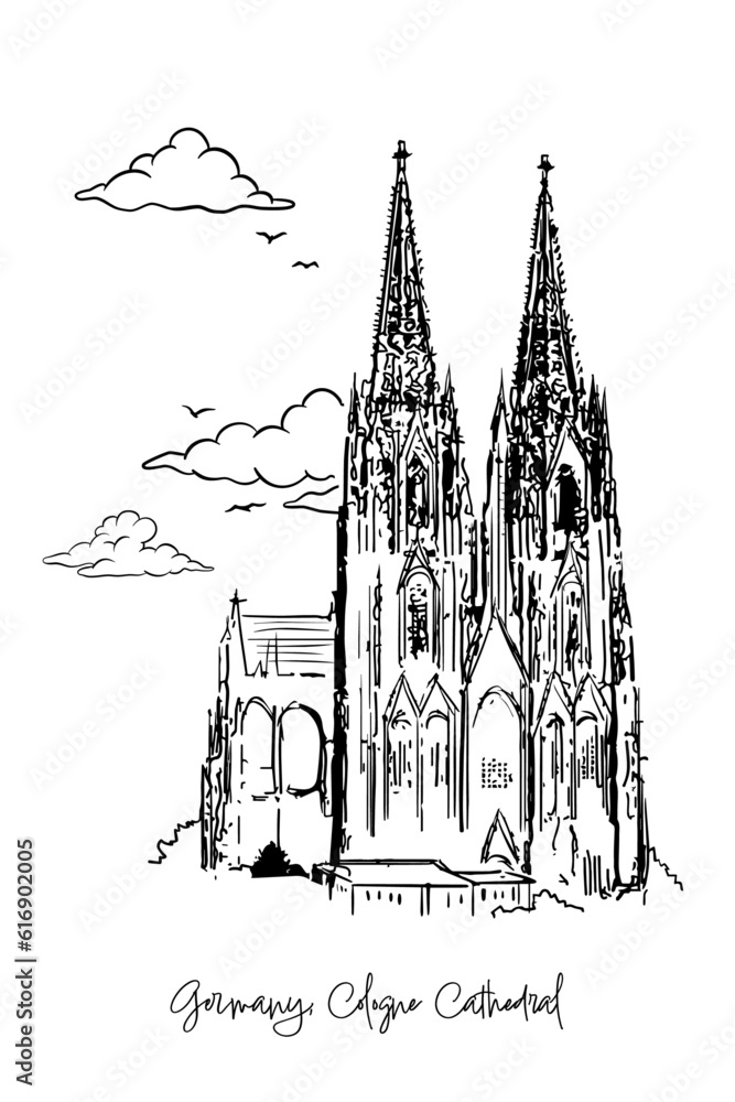 Germany, Cologne Cathedral with hand drawing concept, print, doodle, vector illustration (Vector)