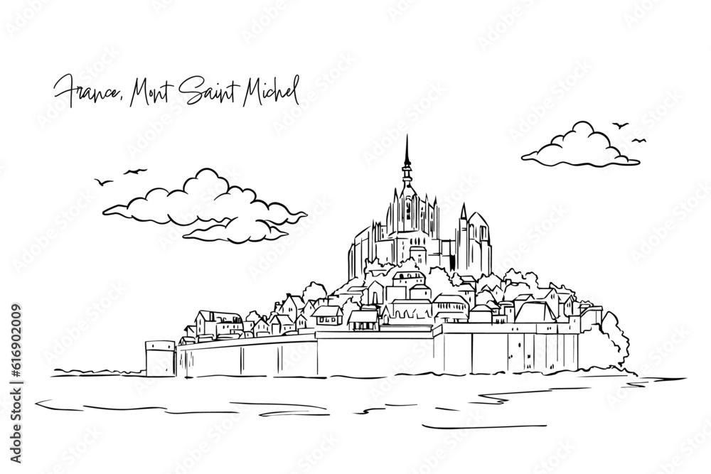 France, Mont Saint Michel with hand drawing concept, print, doodle, vector illustration (Vector) - obrazy, fototapety, plakaty 