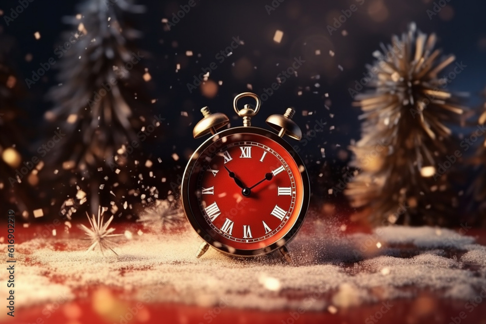the clock shows the time before the new year, eve, against the backdrop of falling snow and fireworks. AI generated.