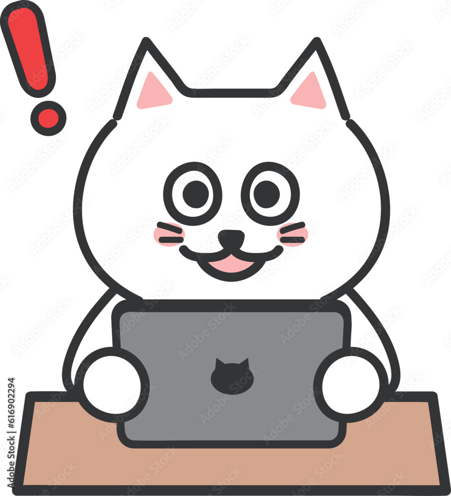 White cartoon cat is so happy to see someone at an online meeting with a tablet computer—vector illustration. White cartoon cat is so happy to see someone at an online meeting with a tablet computer—vector illustration.