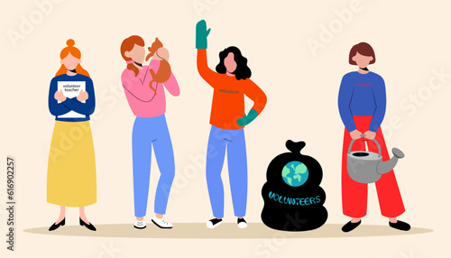 Group of young volunteers helping pets and remove trash from planet. Cartoon characters from volunteering organization. Social active youth. Vector flat style illustration