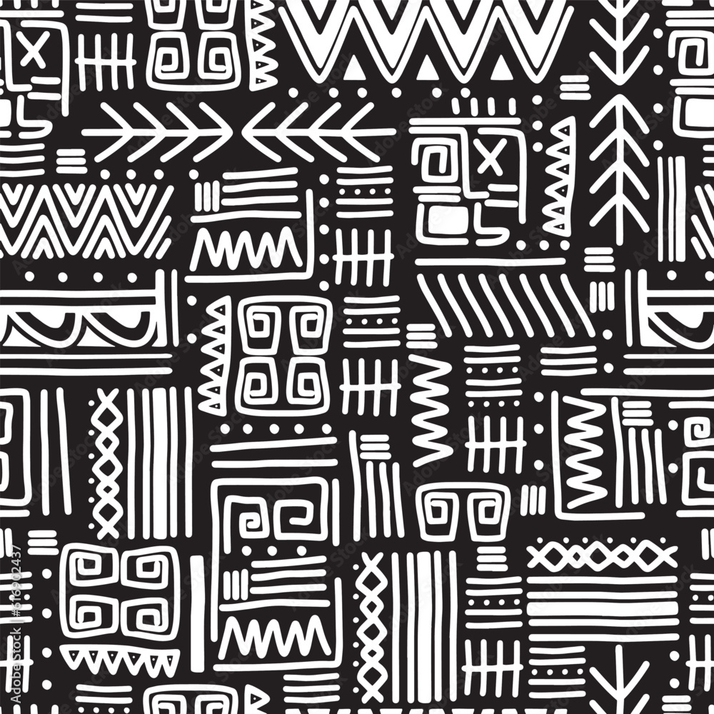 Ethnic motifs group seamless texture with white stripes pattern. Black line ethnic mexican tribal stripes seamless pattern, hand drawn vector illustration, white background Ethnic motifs group seamless texture with white stripes pattern. Black line ethnic mexican tribal stripes seamless pattern, hand drawn vector illustration, white background