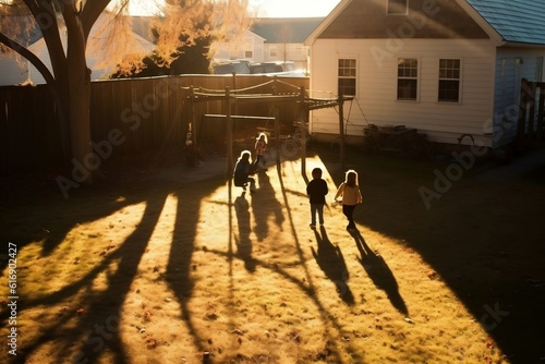 Shadows of children playing in a yard. Generative AI