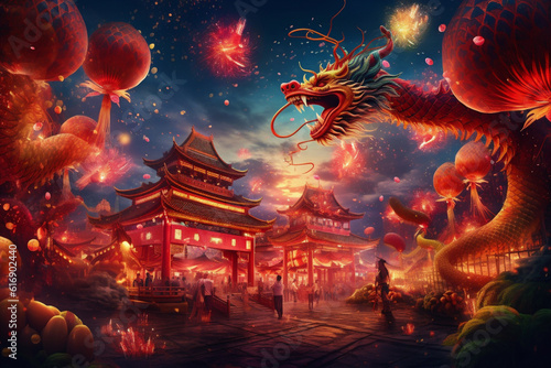 Celebration Chinese new year in china town. Dragon and paper red lanterns. AI generated. © xartproduction
