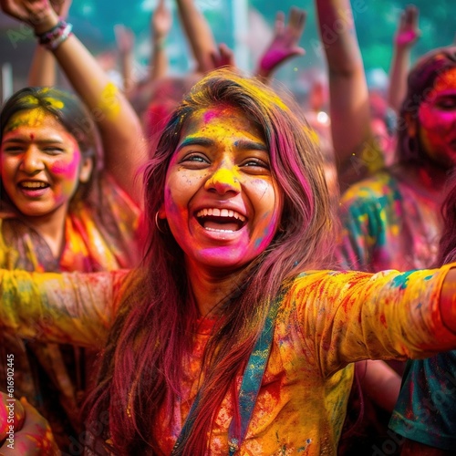 photo portrait of a smiling young woman covered with holi color, Generative AI