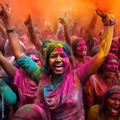 photo portrait of a smiling young woman covered with holi color, Generative AI © Hemant