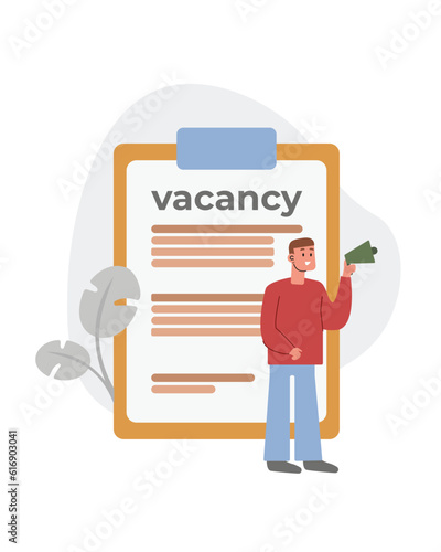 HR standing outside, holding bullhorn and announcing about open vacancy. Hiring employee in company, new candidates research process. Flat vector illustration in blue and red colors © ANDRII