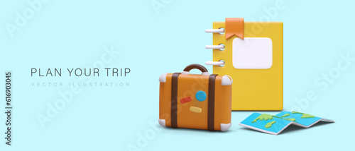 Plan your trip. 3D planner, suitcase, world map. Preparation for vacations, rest, and business trips. Booking tickets, coordinating routes. Advertising poster for travel business, websites, app