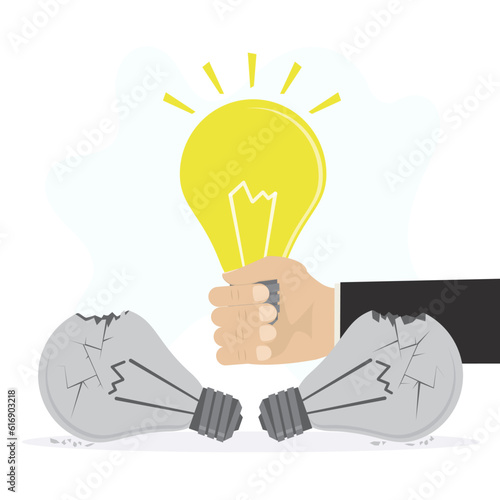 Broken light bulbs. Entrepreneur hand holds glowing idea light bulb. Fail before success, learn from mistake or motivation to success. Invent innovation, brainstorming, pitching ideas