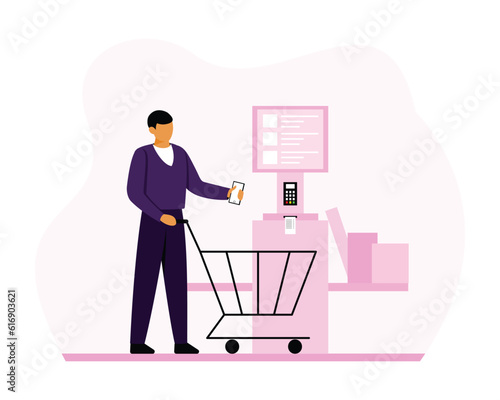 Guy pays contactless with mobile phone for purchases at supermarket through self service checkout. Modern secure banking services. Process of buying goods and paying using smartphone. Vector