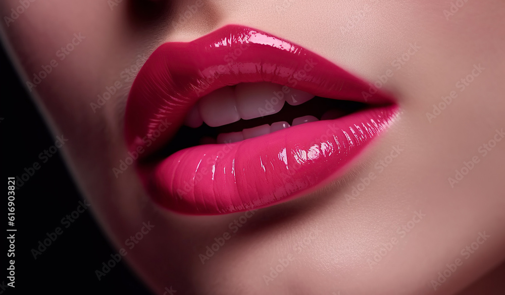 Obraz premium woman lips with pink lipstick and a sexually open mouth close-up. Beauty concept