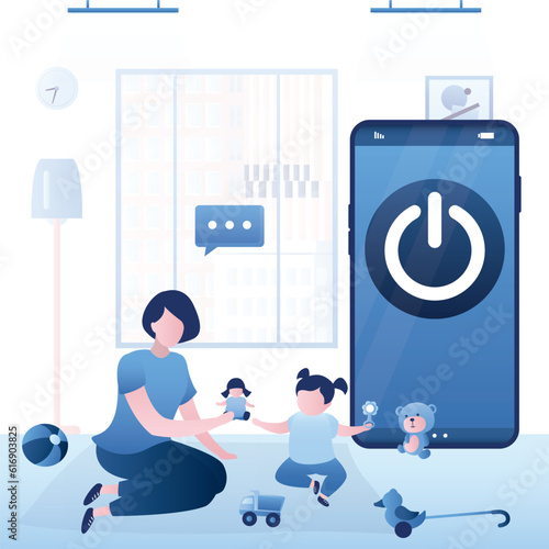 Mother plays with daughter. Woman turned off smartphone and Spending time with children. Digital detox. Small child is learning to walk and play in toys. Motherhood and child care.