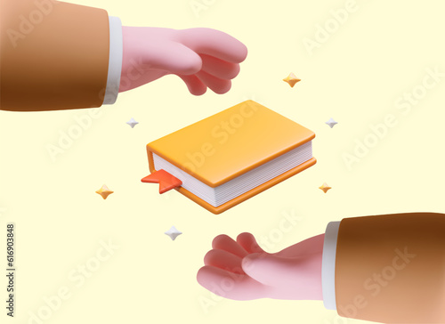 Bookcrossing. One hand passes book to other. Concept of information exchange. Principle of library work. Free dissemination of knowledge. Poster with 3D illustration