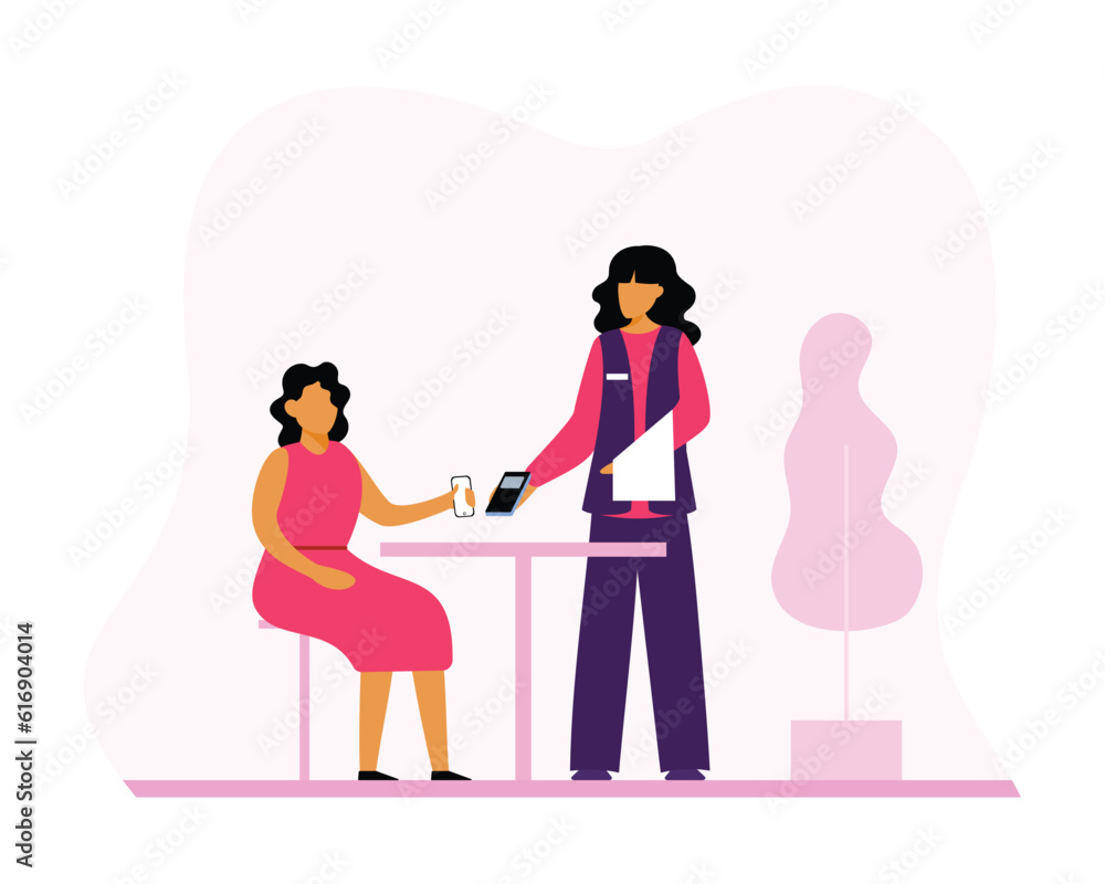 Girl pays with cell phone for lunch at restaurant to waiter without contact. Modern secure banking services. Process of buying goods and paying using smartphone. Vector Girl pays with cell phone for lunch at restaurant to waiter without contact. Modern secure banking services. Process of buying goods and paying using smartphone. Vector