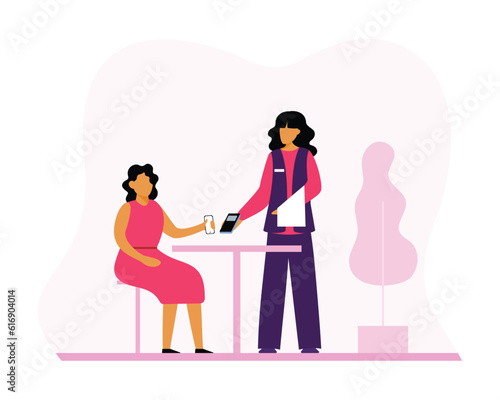 Girl pays with cell phone for lunch at restaurant to waiter without contact. Modern secure banking services. Process of buying goods and paying using smartphone. Vector