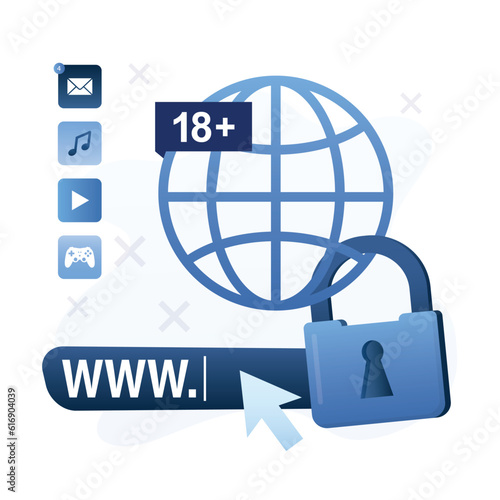 Parental control. Government ban or ISP restrictions. Blocked, censored, prohibited or inappropriate content for kids. Access restrict online. Safe internet. Global network with padlock