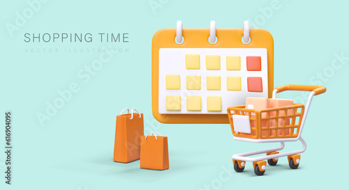 Shopping days. Planning of necessary expenses. List of things to buy. Tracking promotional days in stores. 3D shopping cart, boxes, packages, large calendar. Place for text