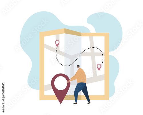 Cartoon character creating delivery route applying GPS system. Deliveryman indicating several points of destination on virtual map. Vector illustration