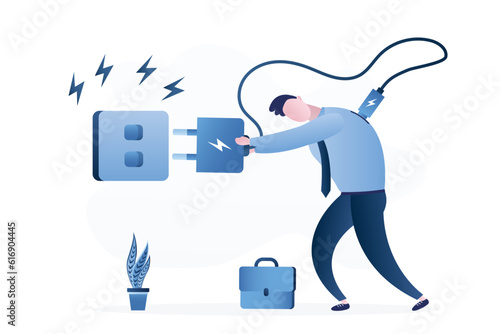 Overworked businessman plug electric to recharge energy. Recharge yourself, refresh or recover after hard work. Exhausted or burnout worker man with cable and electric socket,