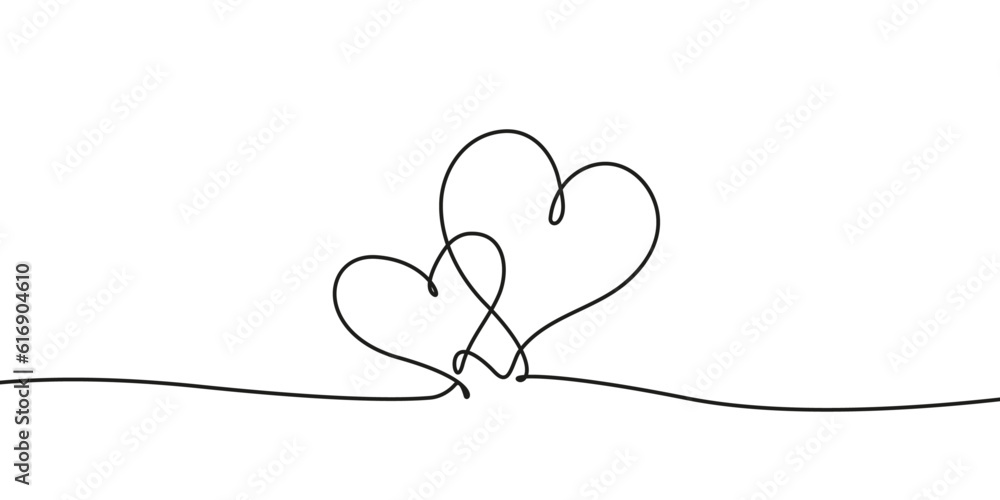 Two Hearts Continuous One Line Drawing Love Concept. Couple Hearts Contour Illustration for Modern Design Minimalist One Line Drawing. Vector EPS 10	
