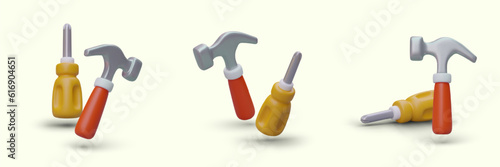 Isometric screwdriver and hammer with shadows. Sets of tools in different positions. Home equipment for repair. 3D icons in cartoon style. Vector images for applications, sites, web design