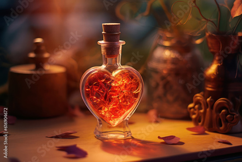 Love potion in a heart-shaped flask, old apothecary, fantasy.