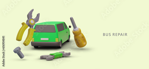 Professional bus service. Preventive work, repair, recovery after accidents. Search and selection of original spare parts. Certified auto mechanic. Commercial banner in modern style, place for slogan