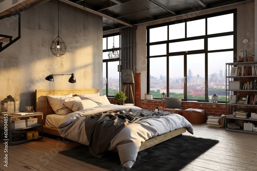High ceiling loft living room 3d render. There are white brick wall,polished concrete floor and black steel structure,There are large windows look out to see the nature ,Generative AI